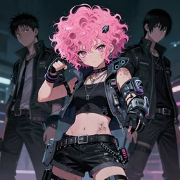 portrait of a grungy cyberpunk anime in battle pose!!, very cute, by super ss, cyberpunk fashion, curly pink hair, night sky by wlop, james jean, victo ngai, muted colors, highly detailed