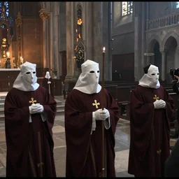 cultists dressed in robes with masks and gloves, burnt church interior, ceremonial, realistic photo, cctv footage, investigative footage - n 9 - h 3 8 4