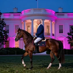 joe biden riding a horse inside the white house, neon lighting, 4k photorealistic
