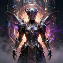 a dark sci fi half - length portrait of a cyber mage with massive ornaments protruding from armor, massive metal structures, cinematic lighting, high detail, art deco, unreal engine, octane render, art by vitaly bulgarov artstation, art by bungie studios, fog volumes, vivid color glow, post processing, cgsociety