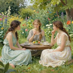 the three goddesses of wisdom having a board meeting in a summer garden, by asher brown durand