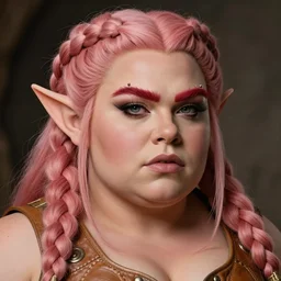 fantasy character portrait photo. female dwarf. short, broad, extremely strong. broad face resembles cara delevingne but very squat. wide face, androgynous but pretty. elaborately braided orangepink hair. long sidebuns, downy cheeks. thick bushy groomed red eyebrows with multiple piercings. tan leather vest, bare bodybuilder shoulders. kohl, lipgloss