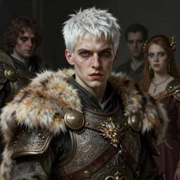 portrait painting of a sarcastic young man with short white hair wearing fur armor, ultra realistic, concept art, intricate details, eerie, highly detailed, photorealistic, octane render, 8 k, unreal engine. art by artgerm and greg rutkowski and charlie bowater and magali villeneuve and alphonse mucha