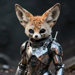 anthropomorphic fennec in cyber armour, cyberpunk, wear and tear, battle hardened, shell shocked eyes, artstation, dirty, realistic reflections