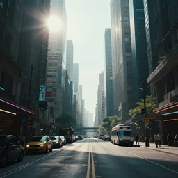 photorealistic cyberpunk city streets. daylight. sunlight. lens flare. light fixtures. 8 k. detailed. photorealism. artstation. 2 5 mm f 1. 7 a