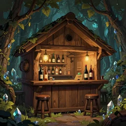 in the vine forest of the underground crystal mine, there is a medieval wine barrel wooden house bar, which is stacked with various wine bottles. and the atmosphere is very strong ) ) ), trending on artstation, illustrated by greg rutkowskia, 4 k digital art, the style of borderlands 2