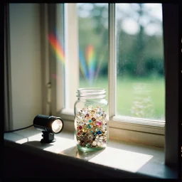 kodak portra 4 0 0, wetplate, flashlight, award - winning vivid portrait by britt marling of a jar is filled with sparkling jewels, near a sunlit window in a room, bright sunlight, colourful godrays shinging through the window, a english park outside, no people