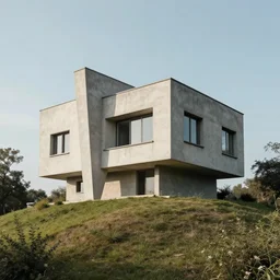 A House on a hill, Brutalist Pointilism, 4k, high detail