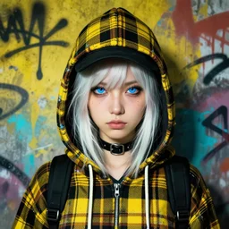 highly detailed portrait of a sewerpunk lady student, blue eyes, tartan hoody, hat, white hair by atey ghailan, by greg rutkowski, by greg tocchini, by james gilleard, by joe fenton, by kaethe butcher, gradient yellow, black, brown and cyan color scheme, grunge aesthetic!!! ( ( graffiti tag wall background ) )