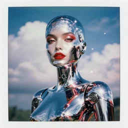 analog polaroid portrait of an attractive chrome female robot looking at the camera, beautiful, red lipstick, Hajime Sorayama, sheen, red reflections, unreal engine, azure sky, big clouds visible, sunlight, reflection, sparkles, lensflare, film grain, depth of field, color bleed