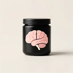 minimalistic logo of brain, on black jar, advert, pastel colors, hyperrealism,
