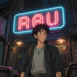 Neon lighting restaurant sign in a post apocalyptic setting, ghibli, unreal 5, DAZ, hyperrealistic, octane render, RPG portrait, dynamic lighting, digital art, fan art
