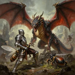 painting of a dragon being slain by an insect knight, cinematic, dnd, epic lighting, 4 k, game render