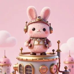 shaggy furry round rabbit with steampunk outfit, standing in the top of a steampunk building, art by ovopack, tatsuro kiuchi, yoji shinkawa, cute, cartoon, 3 d art, 8 k, c 4 d, unreal engine, fantasy, pink color scheme, perfect lighting, smooth, digital art, concept art, trending on artstation, illustration