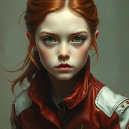 head and shoulders portrait of a young girl in a red and white leather jacket, pale skin, piercing pale eyes, red hair, steampunk, vibrant color, high detail, masterpiece by craig mullins, ruan jia, peter mohrbacher, norman rockwell, caravaggio