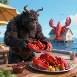 the beast from over the garden wall ordering a at a lobster shack, dark beast over the garden wall, red lobster shack on the ocean in maine, volumetric, realistic, cinematic lighting, ray tracing, unreal engine 5, octane render, hyper realistic, photo, 8 k