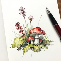 pena and ink drawing by jean - baptiste monge water color on white paper watercolor sketch of flowers moss and mushrooms hard edges, pencil lines, drips, runs, spatter, details. red chrome. jean - baptiste monge!!!!!