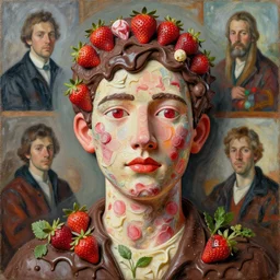 a sculpture portrait made of candys and strawberries and melted chocolate and plants, painting part by wojciech siudmak, part by ilya repin, part by max ernst, part by norman rockwell, artstation