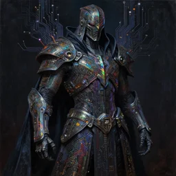 dark cyborg armour cloak made of intricate complex circuitry and microchips, iridescent, warrior assassin, colorful, intricate linework, gothic baroque, intimidating, magical, realistic oil painting, artstation, rutkowski, wlop, chebokha, artgerm