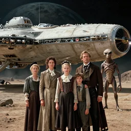 16k film still from a sci fi blockbuster color movie made in 2022, set in 1860, of a family standing in front of a spaceship that has just landed on an alien planet, a humanoid alien creature stands nearby, the family are all wearing 1850s era clothes, cinematic lighting, human faces, extremely good lighting, winner of seven oscars