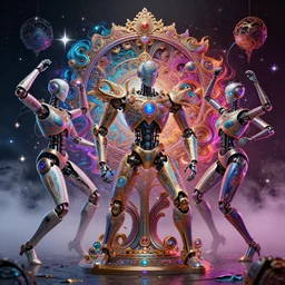 robots dancing at rave, sparkles, fog, by alex grey and ralph steadman, acid, trippy,, cosmic, constrast, saturation, vibrant, trending on artstation, intricate detail, finely detailed, small details, extra detail, photorealistic, hdr, hyper detailed, insane details, intricate, elite, ornate, elegant, luxury, dramatic lighting, octane render, weta digital, micro details, 3 d sculpture, structure