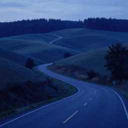 a road weaving through rolling hills from the edge of a forest at dusk. perspective landscape. strong shadows. rich blue tones. soft gradients, and translucence. by norman rockwell and eyvind earle