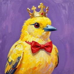 a portrait of an elegant royal yellow bird wearing a crown and a red bow tie, purple background, impressionism, vibrant, colorful, sharp strokes, high quality