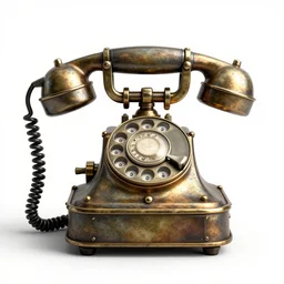 steampunk rotary phone, stylized 3d render, isolated on a pure white background, centered, entire object in frame, sharp focus, soft studio lighting