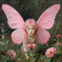 one pink fairy with large beautiful wings exploring her lonely flower garden by herself in the style of tom bagshaw, william bouguereau, michelangelo, extremely detailed, muted colors, symmetrical face, large eyes, beautiful face