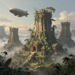 a highly detailed matte painting of a lost jungle temple, the mist settles on the ground while the morning light glows off the stone structures, a steampunk airship hovers over it all by Albert Bierstadt and Caspar Friedrich