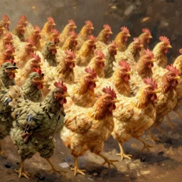 an army of chickens in soldier outfits ready to charge