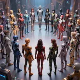 love, diverse fast cybersuits, from behind, connection rituals, wide wide angle, vivid, elaborate, highly detailed, beautiful lighting