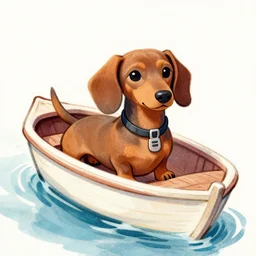 sketch of a cute dachshund on a boat, colored, very detailed