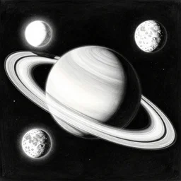 black and white sketch of a another habitable planet but it has ring like saturn has two suns and one moon, photographed by space