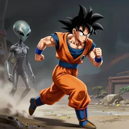 son goku running after a alien in men in black