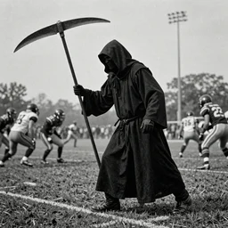 a grim reaper wielding a massive scythe stalking players on an American football field, daguerrotype