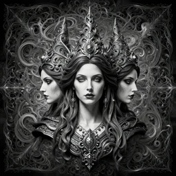a black and white high quality photo of a female witch bust, three faces, hyper detailed, flowing psychadelic background intricate and detailed, ornate 8 k gorgeous intricate detailed, octane render