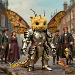 portrait of tin toy fuzzy kaiju moth dragons wearing armour in victorian london, nicoletta ceccoli, mark ryden, lostfish, hyung tae, frank frazetta, depth of field, detailed and intricate victorian londonenvironment, 8 k resolution, hyperrealistic, octane render
