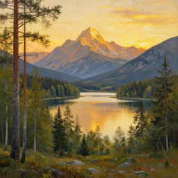 a masterpiece detailed beautiful landscape, trees, lake, mountains, golden hour, sunset, by Mikko Lagerstedt, Raphael Lacoste and Michal Karcz