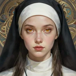 futuristic nun woman portrait, sci-fi, amber eyes, face, long hair, fantasy, intricate, elegant, highly detailed, digital painting, artstation, concept art, smooth, sharp focus, illustration, art by artgerm and greg rutkowski and alphonse mucha