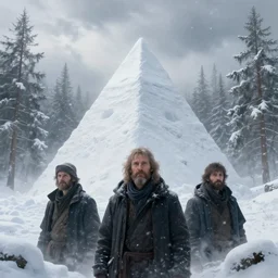 cinematic shot epic portrait an snow pyramid in middle of an snowy forest, cloudy, foggy, blizzardy, broad light, ambient occlusion, volumetric light effect, made by ivan aivazovsky, peter mohrbacher, greg rutkowski, matte painting, trending on artstation, 4 k, perfectly defined features, digital painting, cinematic, epic, highly detailed,