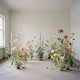 a lot of different flowers in a liminal abandoned room, film still by wes anderson, depicted by balthus, limited color palette, very intricate, art nouveau, highly detailed, lights by hopper, soft pastel colors, minimalist