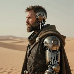a bearded rugged engineer man with cybernetic enhancements and a cloak lost in the desert, scifi character portrait by greg rutkowski, esuthio, craig mullins, 1 / 4 headshot, cinematic lighting, dystopian scifi gear, gloomy, profile picture, mechanical, half robot, implants, steampunk