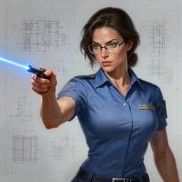 epic portrait of slightly muscular woman wearing short sleeved uniform and instructing with laserpointer, blueprint background, glasses, detailed, digital painting, artstation, concept art, donato giancola, joseph christian leyendecker, wlop, boris vallejo, breathtaking, 8 k resolution, extremely detailed, beautiful, establishing shot, artistic, hyperrealistic, beautiful face, octane render