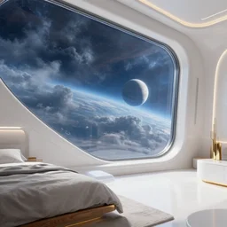 angled closeup to a corner in a futuristic confy white bedroom, with wood and gold details and a huge futuristic glass window overlooking space, blue skies and a white planet floating in the sky, environmental lighting, stormy weather and alien space sky, ray tracing, amazing view, highly detailed, octane render, unreal engine 5, 4 k