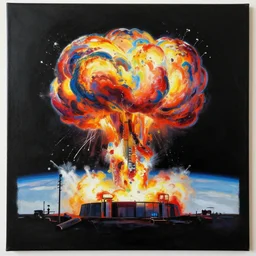 painting of an Atomic explosion visible from space, colourful explosion, vivid colours, matte black paper, ultra detailed, wide shot, octane, 4k, stylized