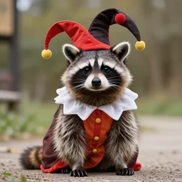 a raccoon dressed as jester