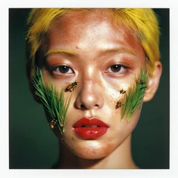 portrait of a woman, close - up, grass on face, copper on skin, high sharpness, zeiss lens, fashion photo shoot, oil on face, yellow hair, bees, red lipstick, palaroid effect, edward buba, annie leibovitz, paolo roversi, david lazar, jimmy nelsson, eiko hosoe, artistic, hyperrealistic, beautiful face, octane rendering
