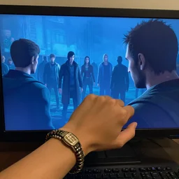 the screen where he was looking is very similar from the fallout game, especially the bracelet. and he looked at ordinary people through him and they seemed to him mutants, high mutation, unsuitable living conditions. overlay effect blue, vector art, art house, hyperrealistic, 4 k,
