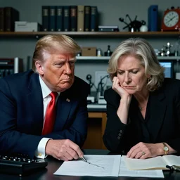 candid color photo of Donald Trump working through the night in his theoretical physics lab with george lucas. They are both frustrated at not having cracked the theorem.  photo by annie leibowitz